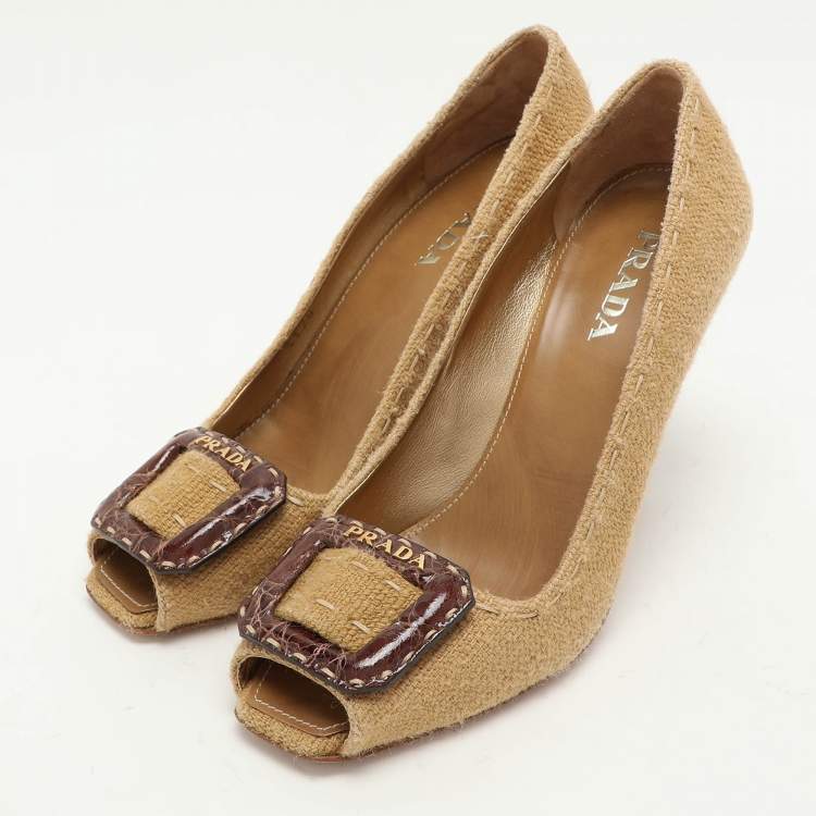 Pre Owned Prada Brown Woven Fabric Embellished Peep Toe Pumps Size 37