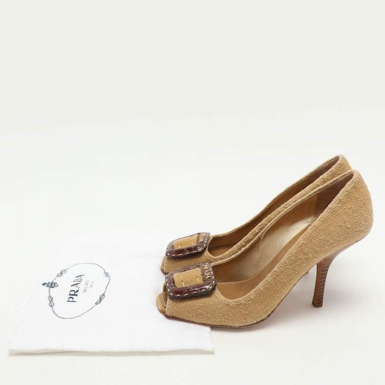 Pre Owned Prada Brown Woven Fabric Embellished Peep Toe Pumps Size 37
