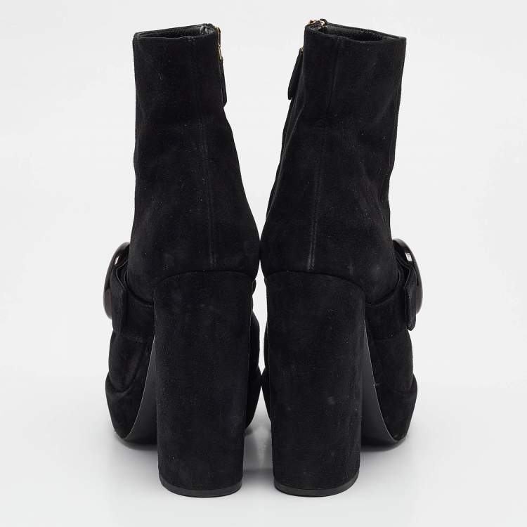 Pre Owned Prada Black Suede Zip Ankle Boots Size 37