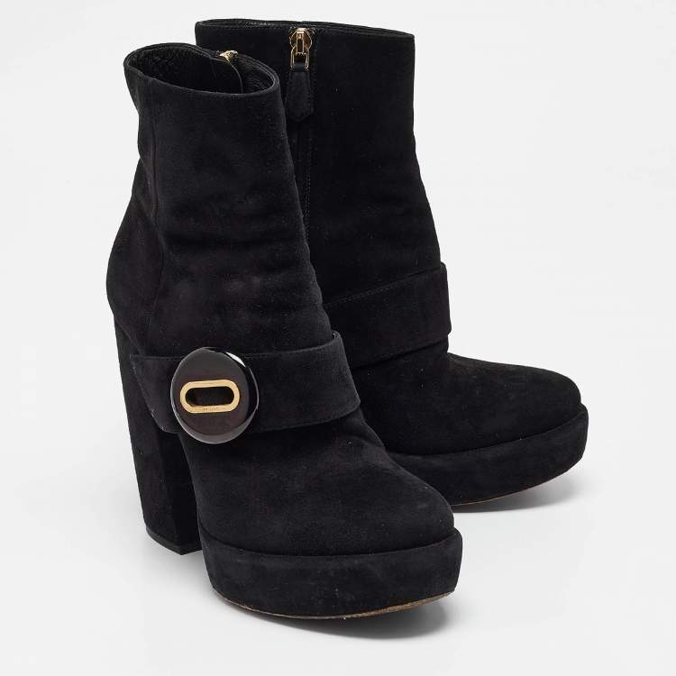 Pre Owned Prada Black Suede Zip Ankle Boots Size 37