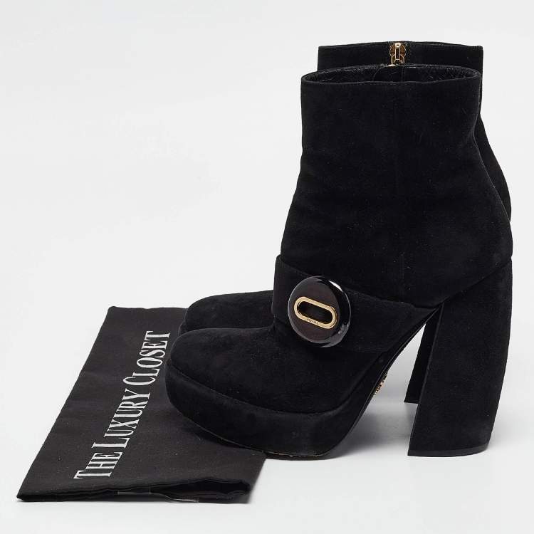 Pre Owned Prada Black Suede Zip Ankle Boots Size 37