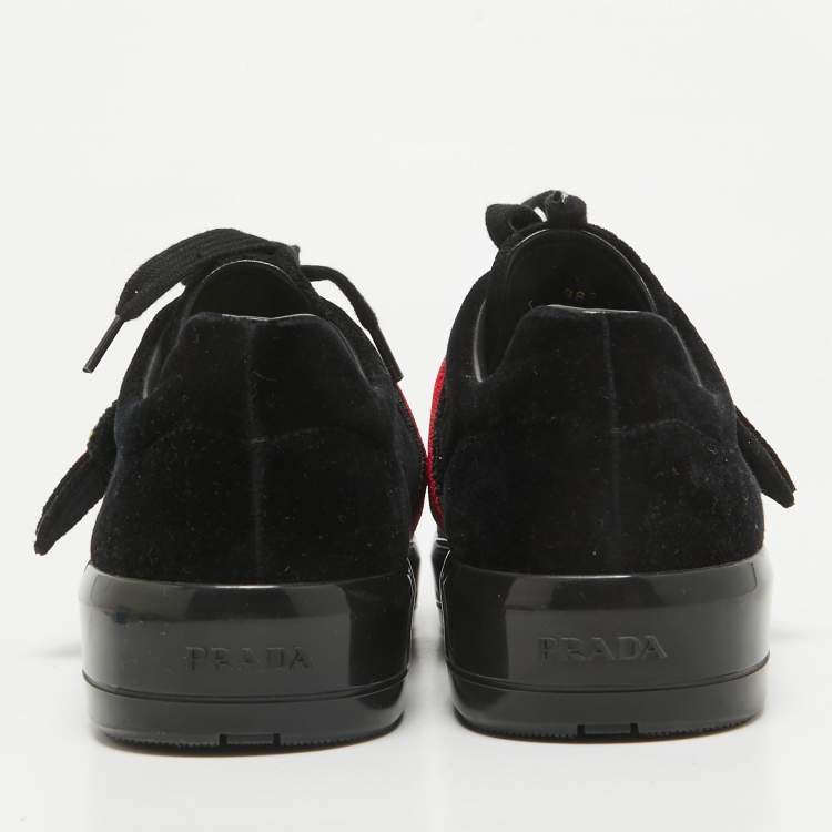 Pre Owned Prada Navy Blue/Red Velvet Grip Strap Lace Up Sneakers Size 38