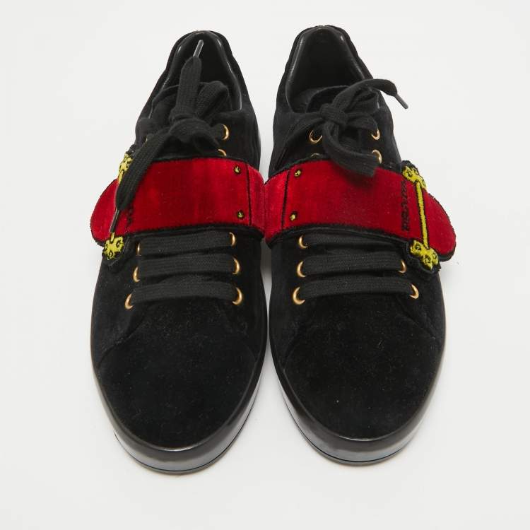 Pre Owned Prada Navy Blue/Red Velvet Grip Strap Lace Up Sneakers Size 38