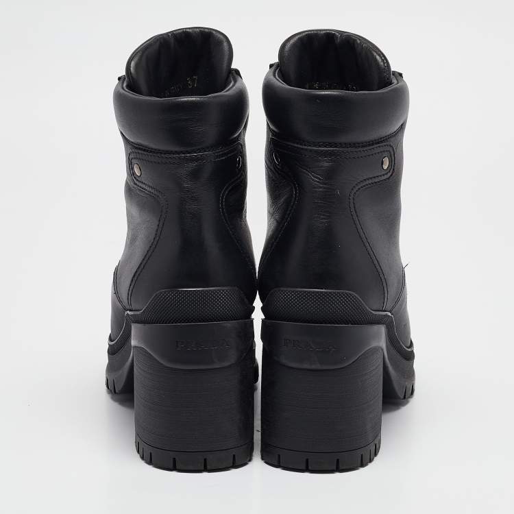 Pre Owned Prada Black Leather Lace Up Combat Boots Size 37