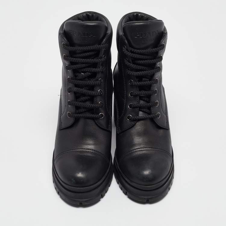 Pre Owned Prada Black Leather Lace Up Combat Boots Size 37