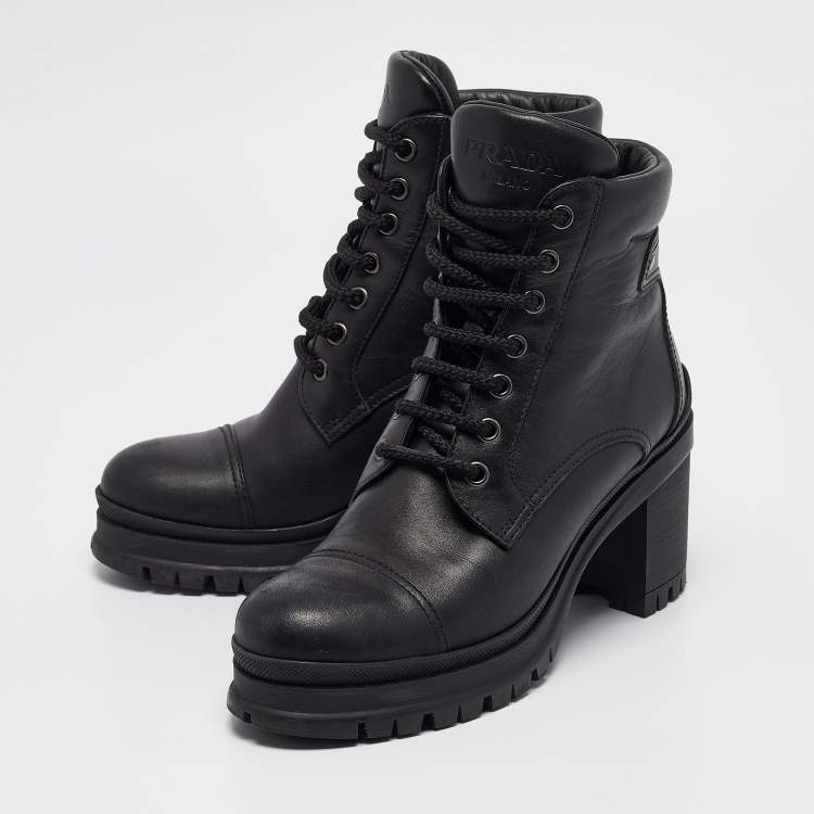 Pre Owned Prada Black Leather Lace Up Combat Boots Size 37