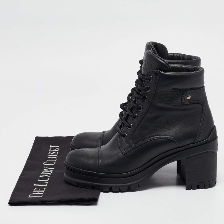 Pre Owned Prada Black Leather Lace Up Combat Boots Size 37