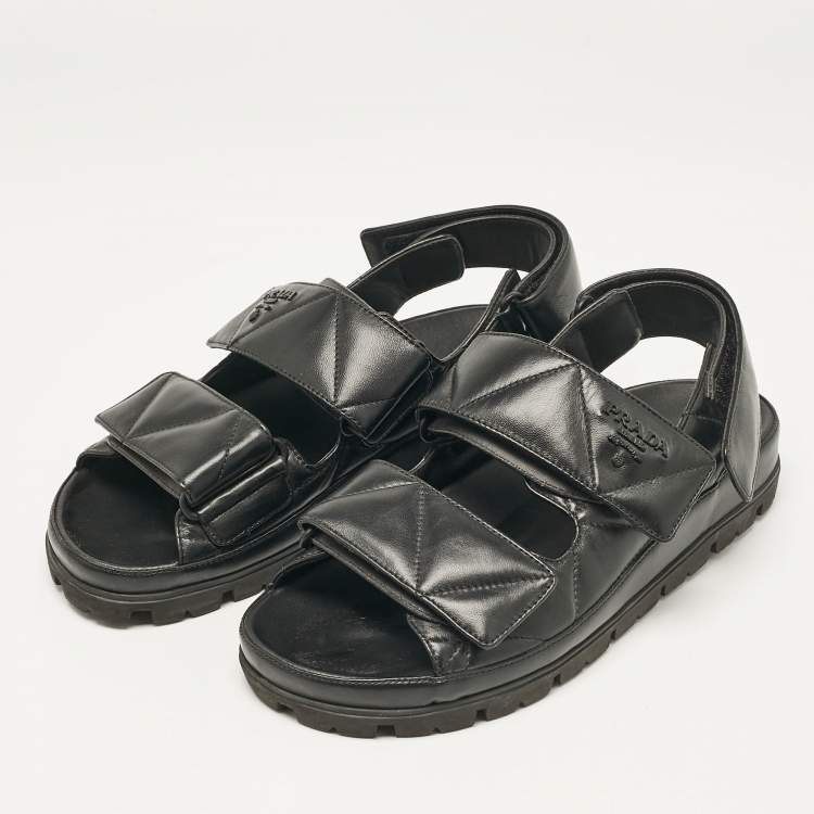 Pre Owned Prada Black Leather  Logo Plaque Slingback Sandals Size 37