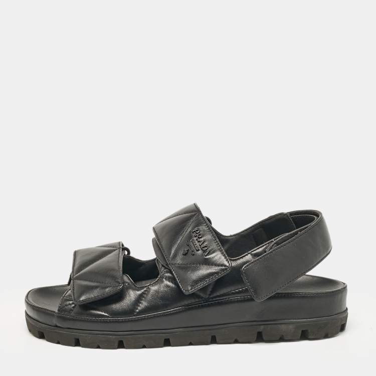 Pre Owned Prada Black Leather  Logo Plaque Slingback Sandals Size 37