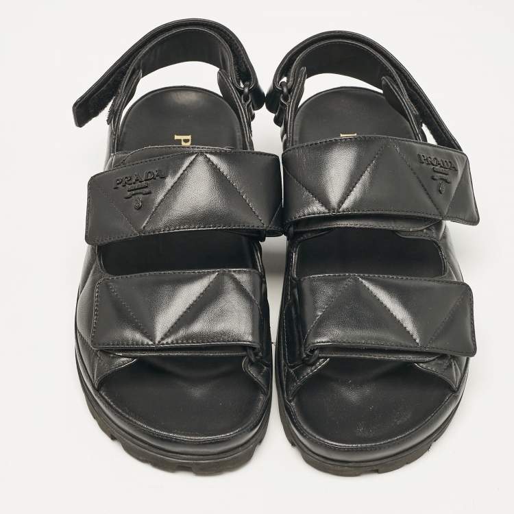 Pre Owned Prada Black Leather  Logo Plaque Slingback Sandals Size 37