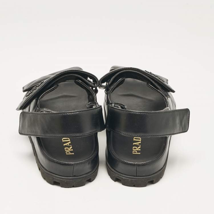 Pre Owned Prada Black Leather  Logo Plaque Slingback Sandals Size 37