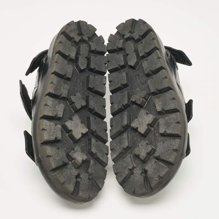 Pre Owned Prada Black Leather  Logo Plaque Slingback Sandals Size 37