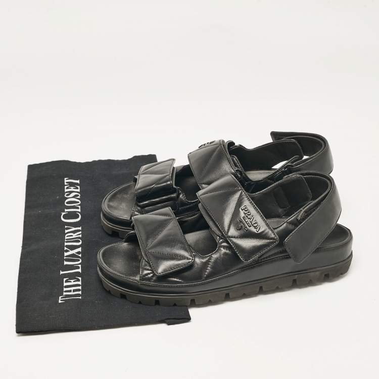Pre Owned Prada Black Leather  Logo Plaque Slingback Sandals Size 37