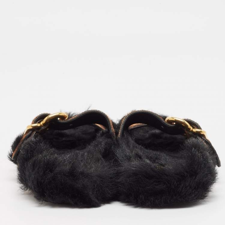 Pre Owned Prada Brown Calf Hair and Fur Buckle Flat Slides Size  38
