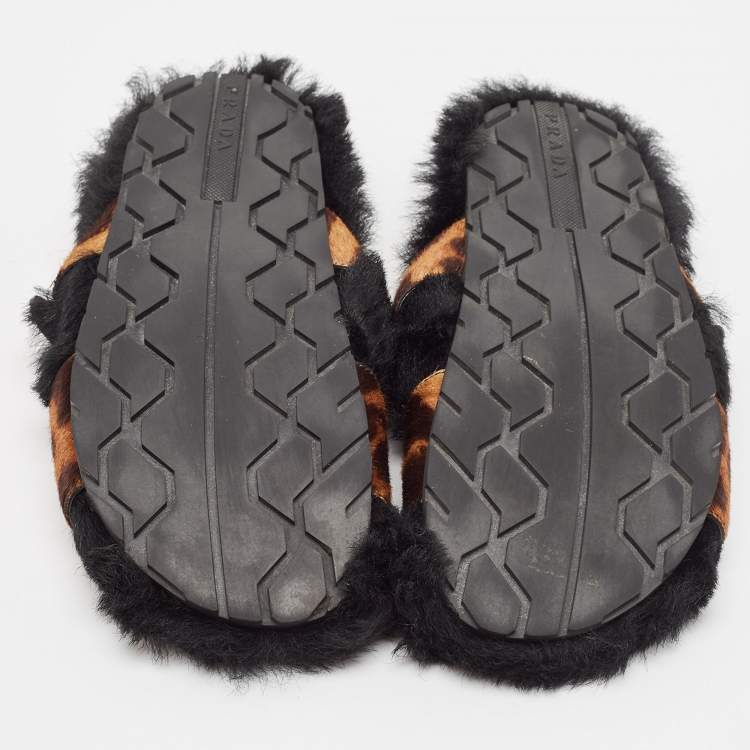 Pre Owned Prada Brown Calf Hair and Fur Buckle Flat Slides Size  38