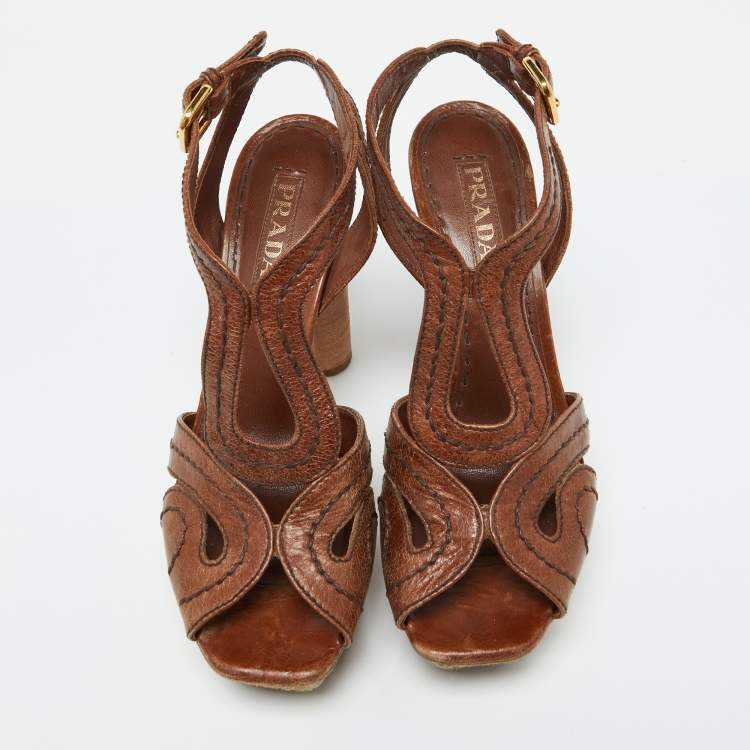 Pre Owned Prada Brown Leather Platform Sandals Size 39.5