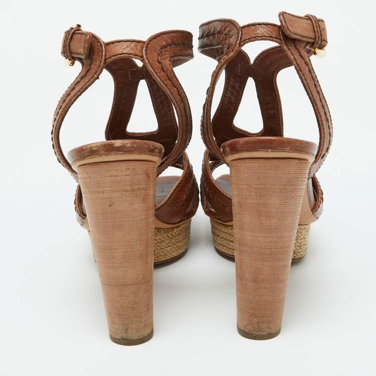 Pre Owned Prada Brown Leather Platform Sandals Size 39.5
