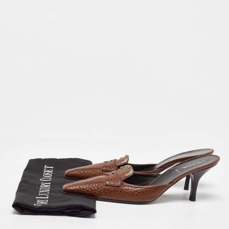 Pre Owned Prada Brown Leather Pointed Toe Mules Size 41