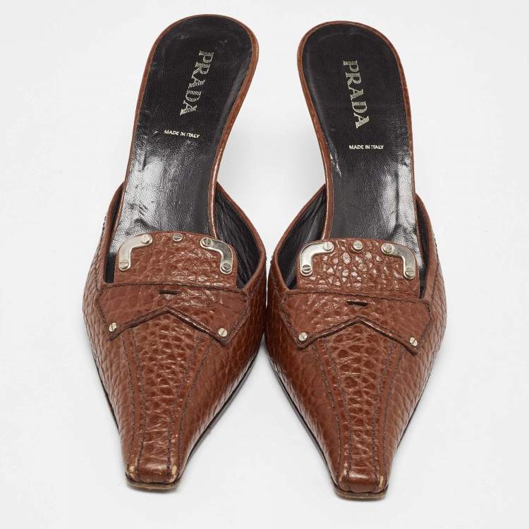 Pre Owned Prada Brown Leather Pointed Toe Mules Size 41
