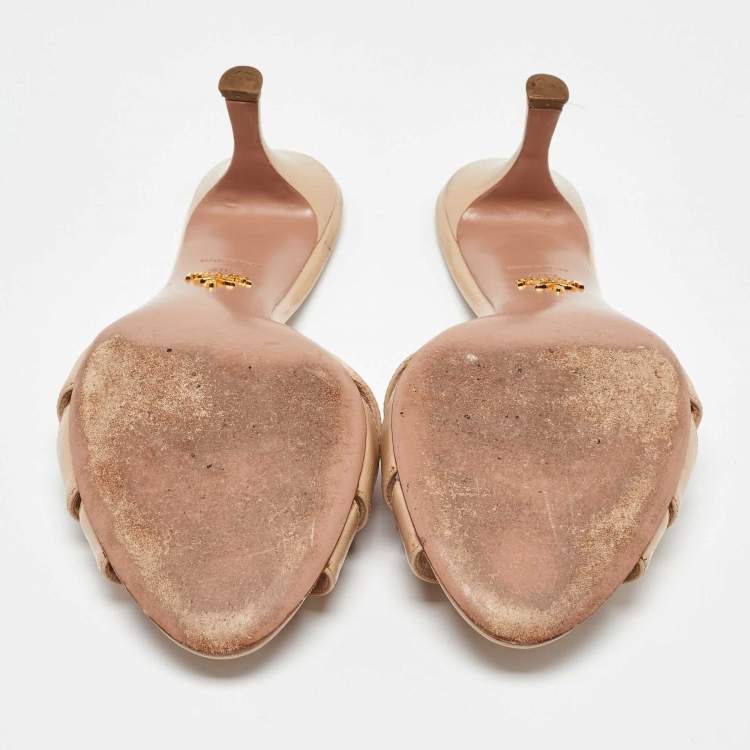 Pre Owned Prada Beige Saffiano Leather Bow Slide Sandals Size 40.5