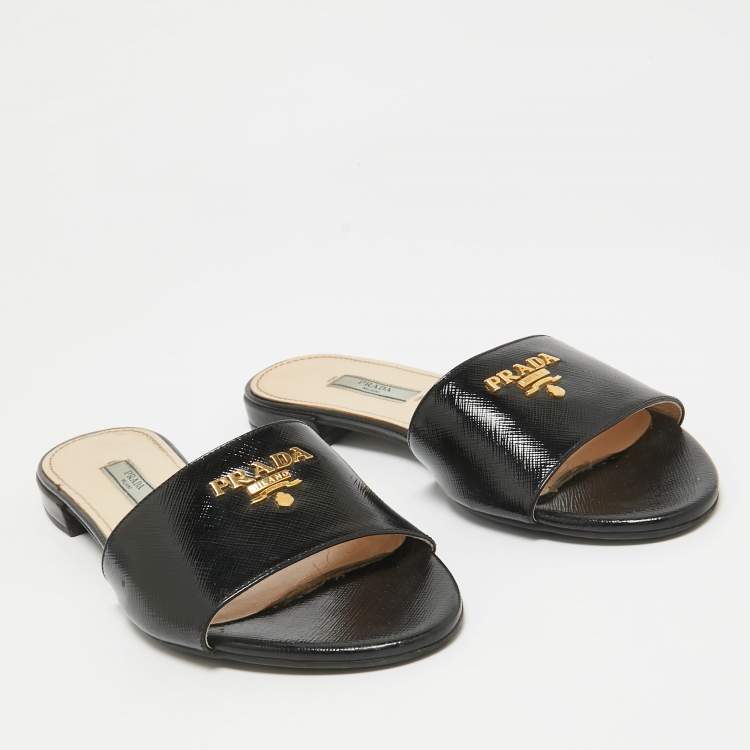 Pre Owned Prada Black Vernice Saffiano Leather Flat Slides Size 38