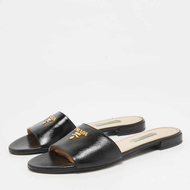 Pre Owned Prada Black Vernice Saffiano Leather Flat Slides Size 38