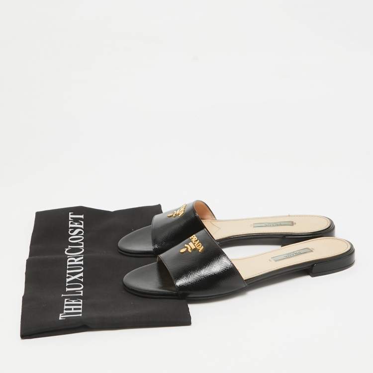 Pre Owned Prada Black Vernice Saffiano Leather Flat Slides Size 38