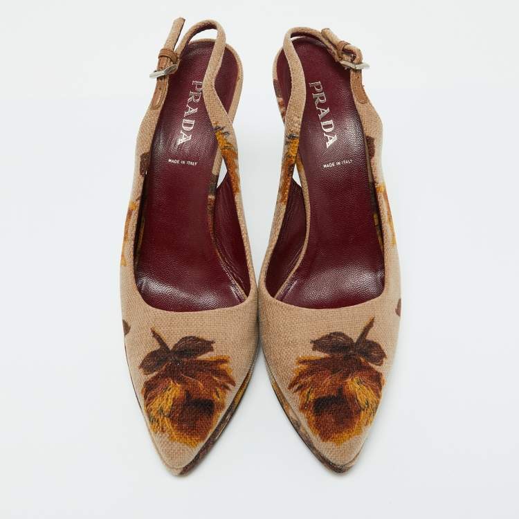Pre Owned Prada Beige Velvet Floral Slingback Pumps Size 40.5