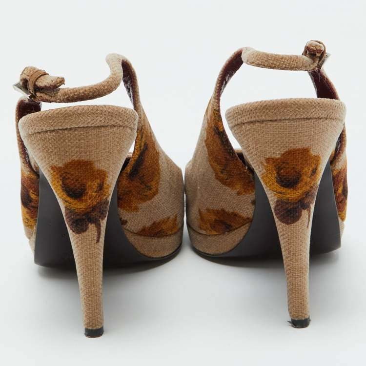Pre Owned Prada Beige Velvet Floral Slingback Pumps Size 40.5