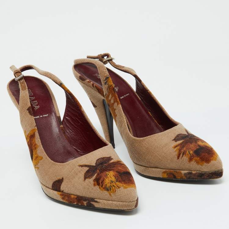 Pre Owned Prada Beige Velvet Floral Slingback Pumps Size 40.5