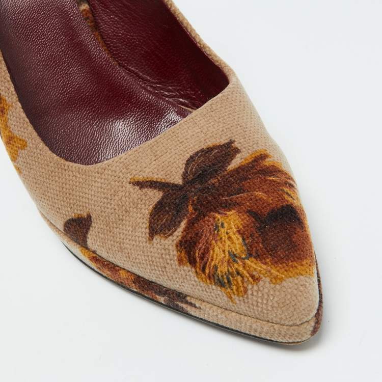 Pre Owned Prada Beige Velvet Floral Slingback Pumps Size 40.5