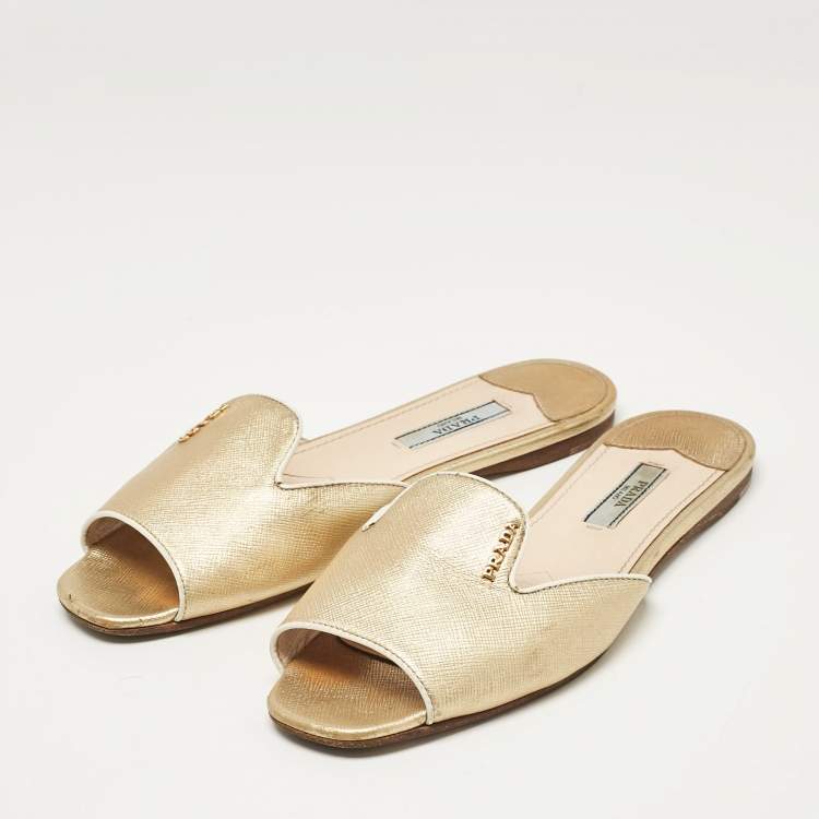 Pre Owned Prada Gold Leather Flat Slides Size 36.5