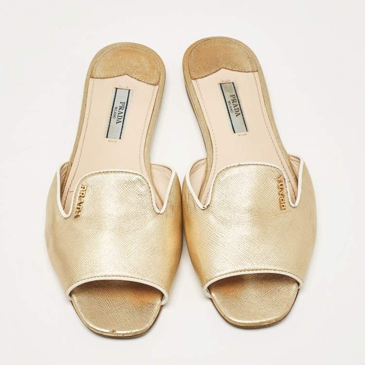 Pre Owned Prada Gold Leather Flat Slides Size 36.5