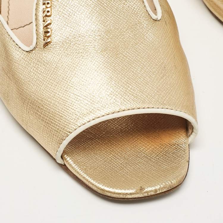 Pre Owned Prada Gold Leather Flat Slides Size 36.5
