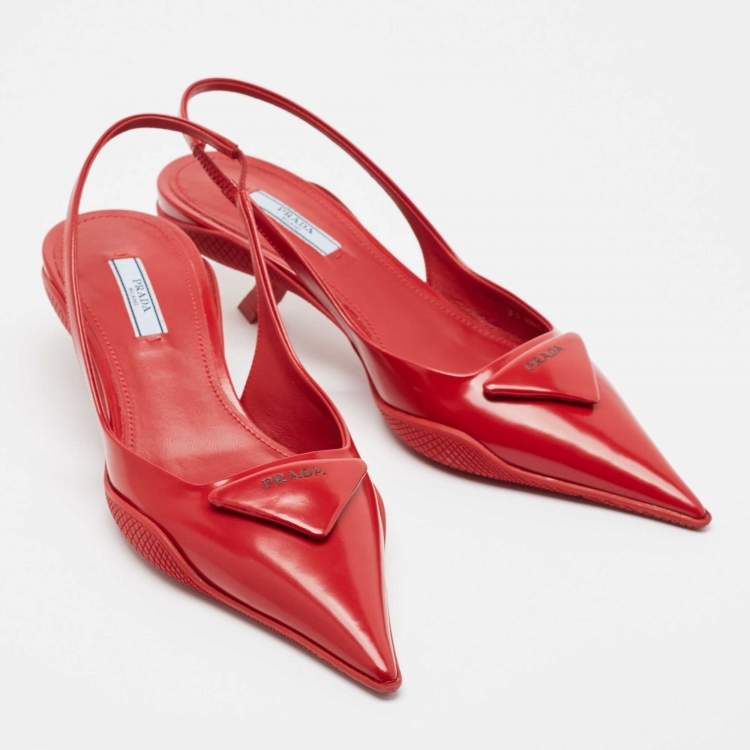 Pre Owned Prada Red Brushed Leather Slingback Pumps Size 38