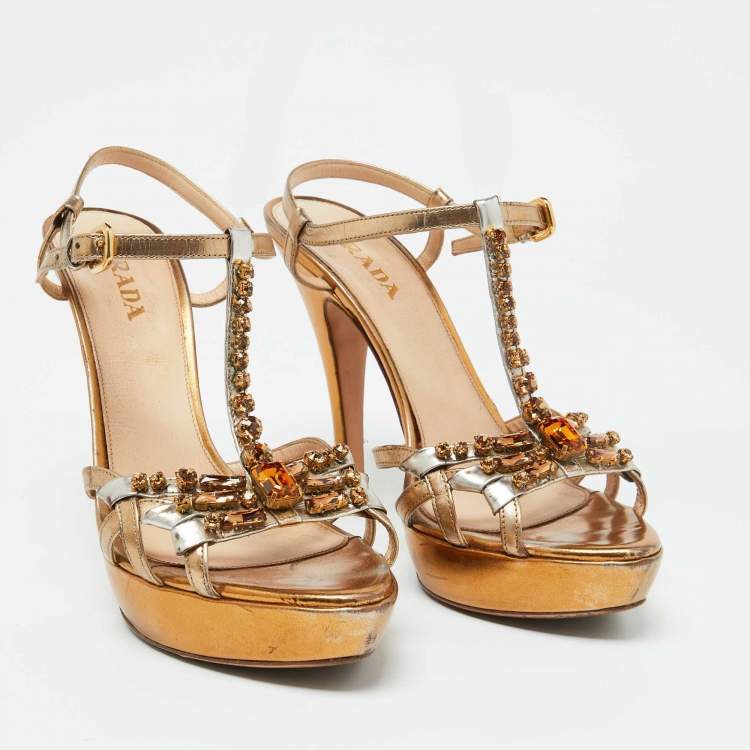 Pre Owned Prada Gold Leather Crystal Embellished Platform Sandals Size 41