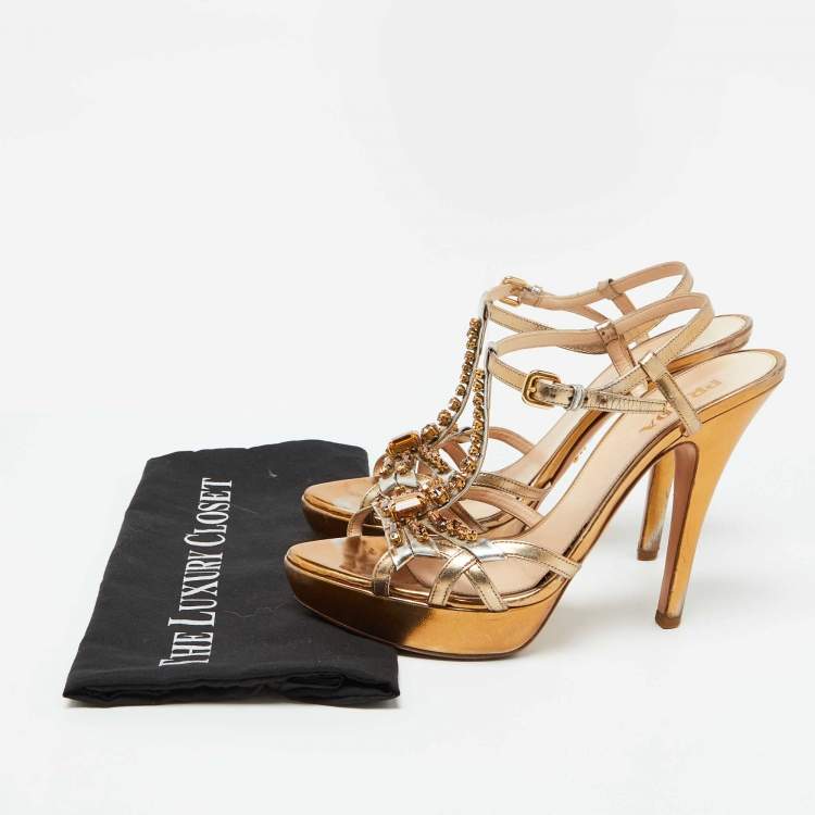 Pre Owned Prada Gold Leather Crystal Embellished Platform Sandals Size 41