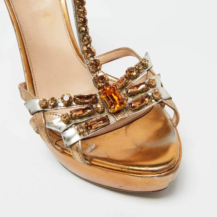 Pre Owned Prada Gold Leather Crystal Embellished Platform Sandals Size 41