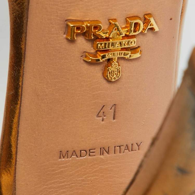 Pre Owned Prada Gold Leather Crystal Embellished Platform Sandals Size 41