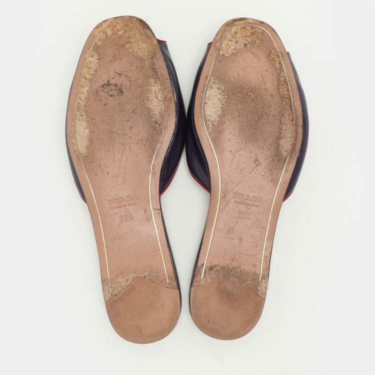Pre Owned Prada Purple Saffiano Patent Leather Logo Flat Slides Size 35.5