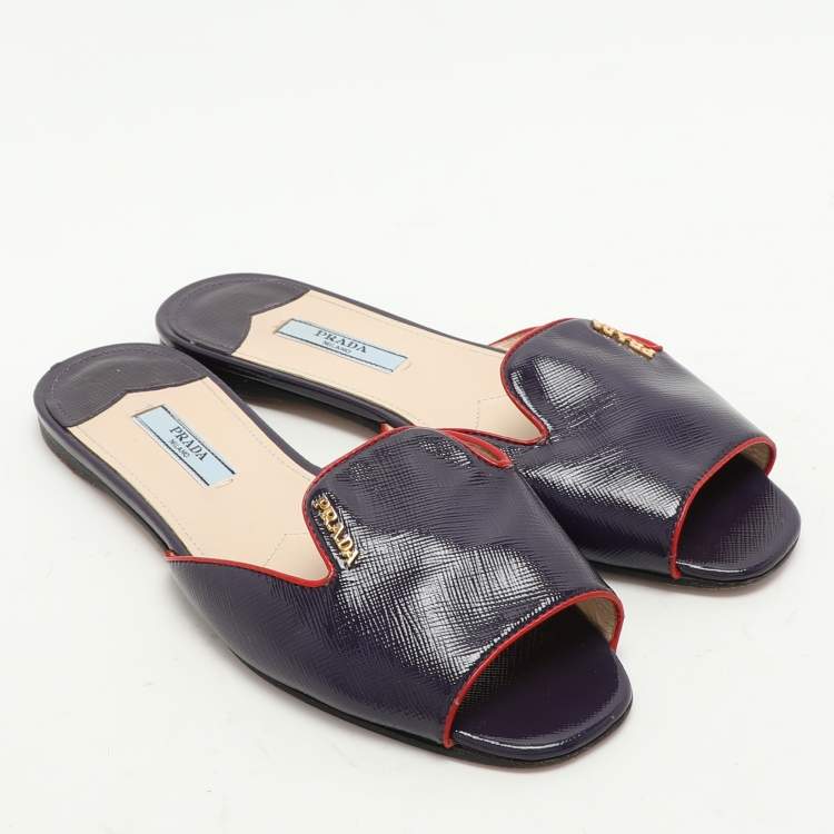 Pre Owned Prada Purple Saffiano Patent Leather Logo Flat Slides Size 35.5