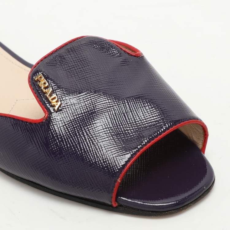 Pre Owned Prada Purple Saffiano Patent Leather Logo Flat Slides Size 35.5