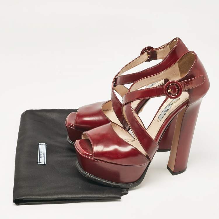 Pre Owned Prada Dark Burgundy Leather Platform Sandals Size 38.5