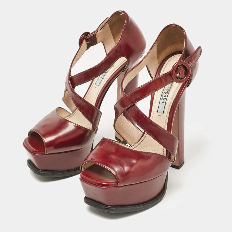 Pre Owned Prada Dark Burgundy Leather Platform Sandals Size 38.5