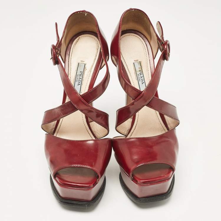 Pre Owned Prada Dark Burgundy Leather Platform Sandals Size 38.5