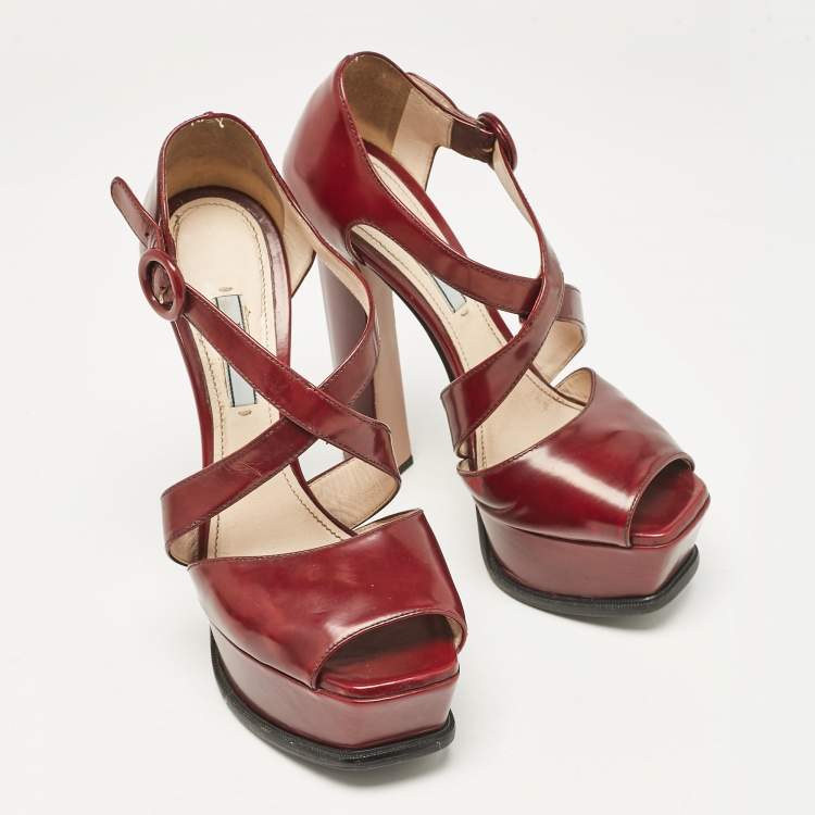 Pre Owned Prada Dark Burgundy Leather Platform Sandals Size 38.5