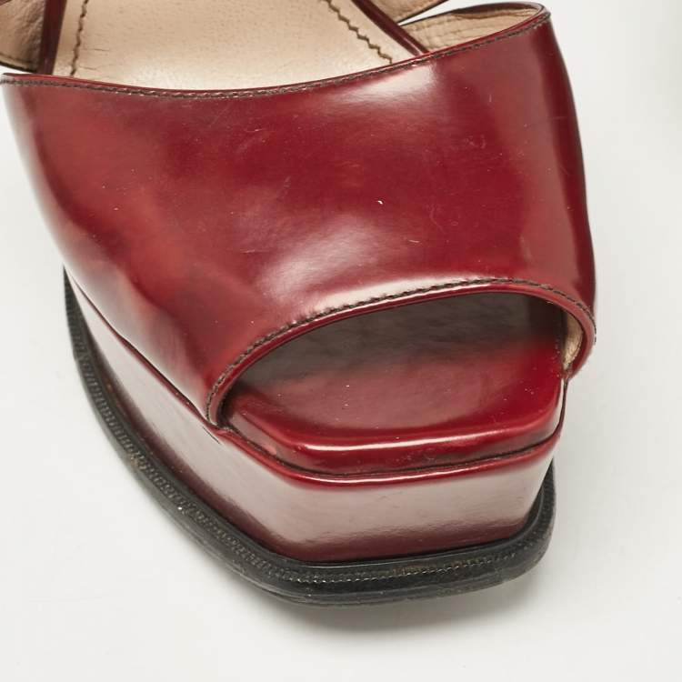 Pre Owned Prada Dark Burgundy Leather Platform Sandals Size 38.5