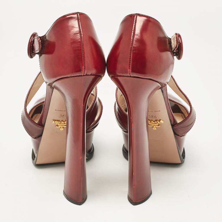 Pre Owned Prada Dark Burgundy Leather Platform Sandals Size 38.5