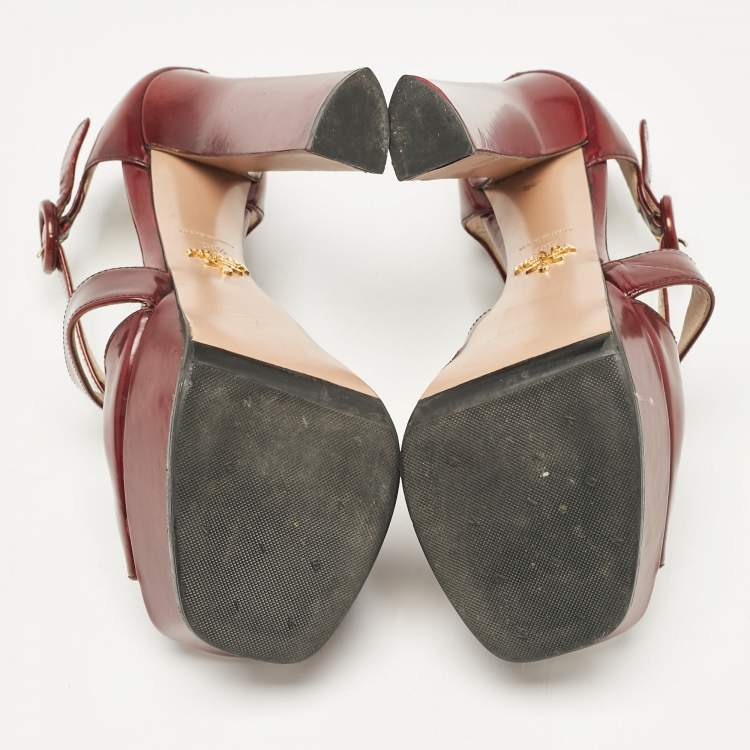 Pre Owned Prada Dark Burgundy Leather Platform Sandals Size 38.5