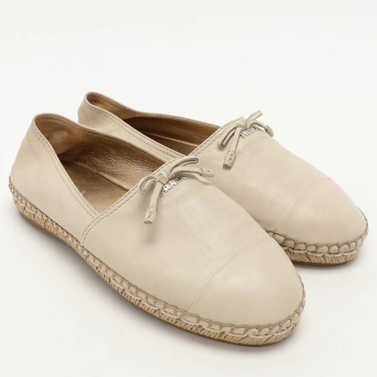 Pre Owned Prada Cream Leather Bow Espadrille Flats Size 38